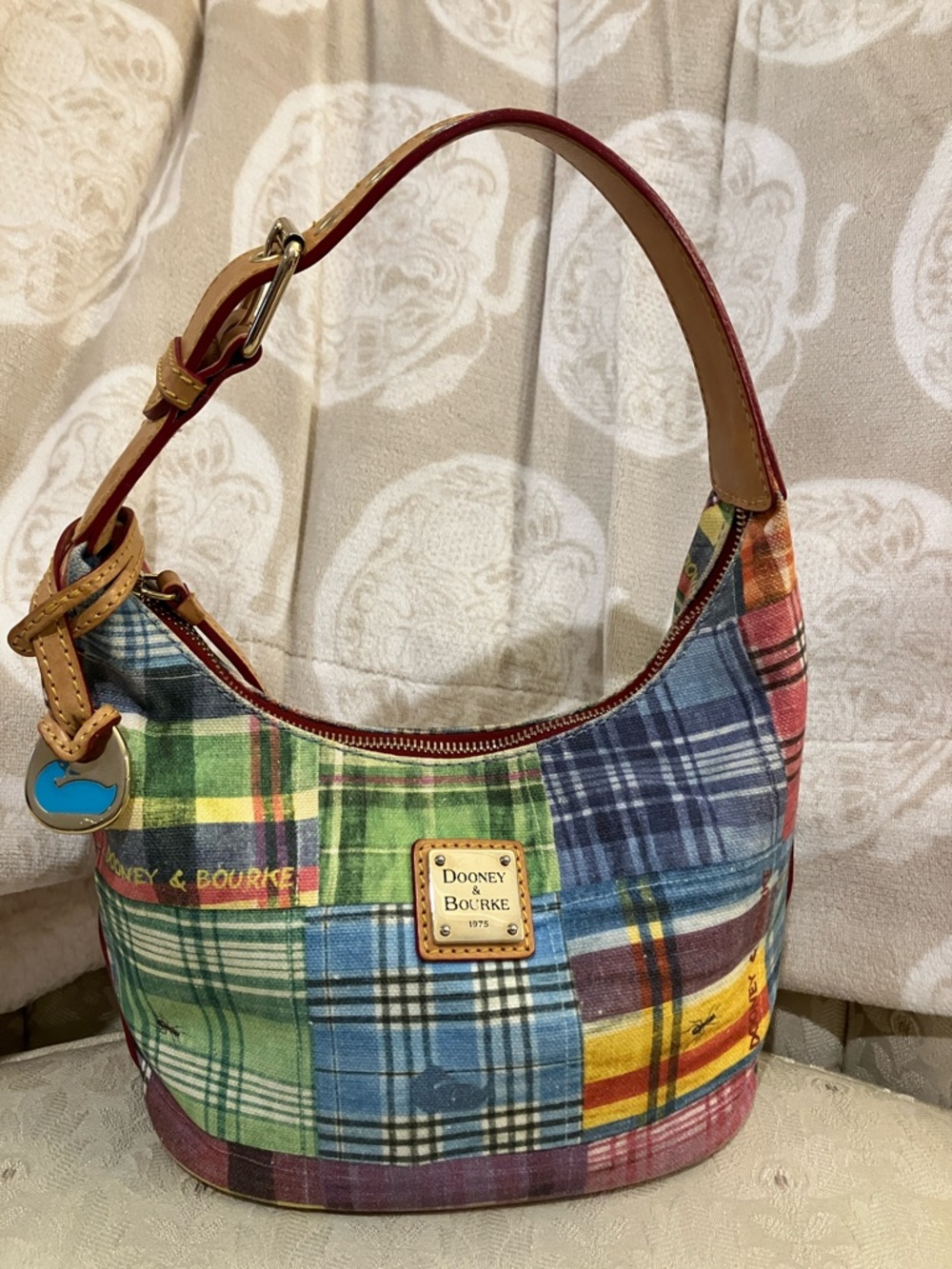Dooney & Bourke Multicolor Picnic Ant Madras  Shoulder Bag with Leather Trim